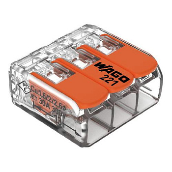 Клемма Wago Compact Cage Clamp Lever 221-613 3-жильный Cu 0,5-6 мм2 450 В 4 кВ 41 А прозрачный Wago